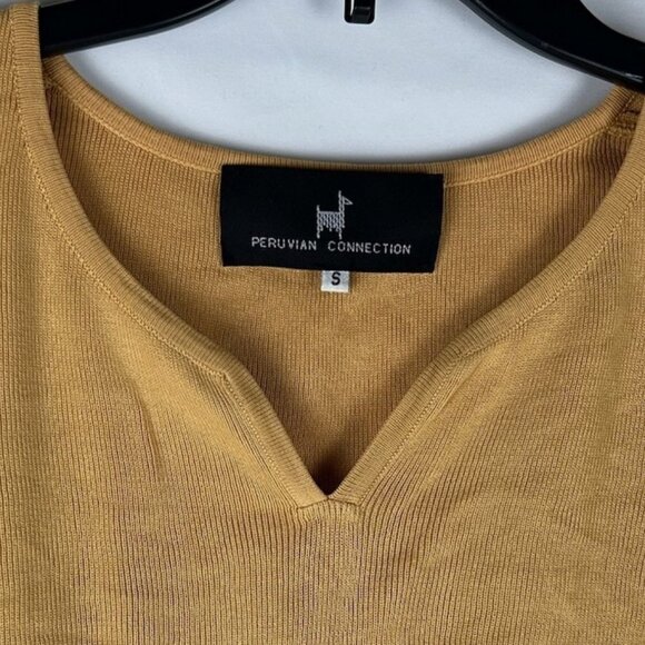 Peruvian Connection Mustard Yellow Pima Cotton Short Sleeve Sweater Sz S V Neck - Picture 2 of 4